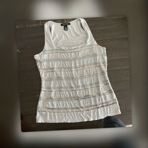 White House Black Market White and Silver Sequin Tank Top